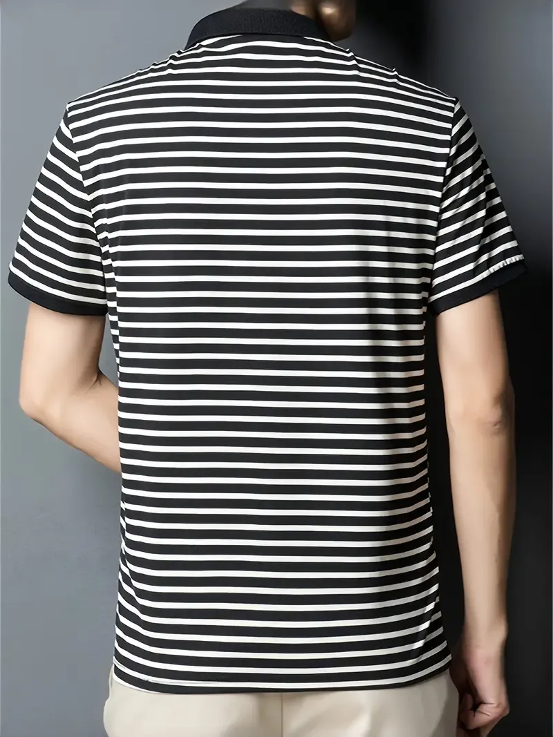 Men's B Embroidery Graphic Print Striped Golf Shirt, Casual Short Sleeve Lapel Shirt For Summer Outdoor