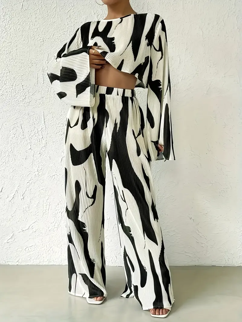 Long Sleeve Two Tone Elegant Pantsuit, Crew Neck Top & Wide Leg Loose Pants, Women's Clothing