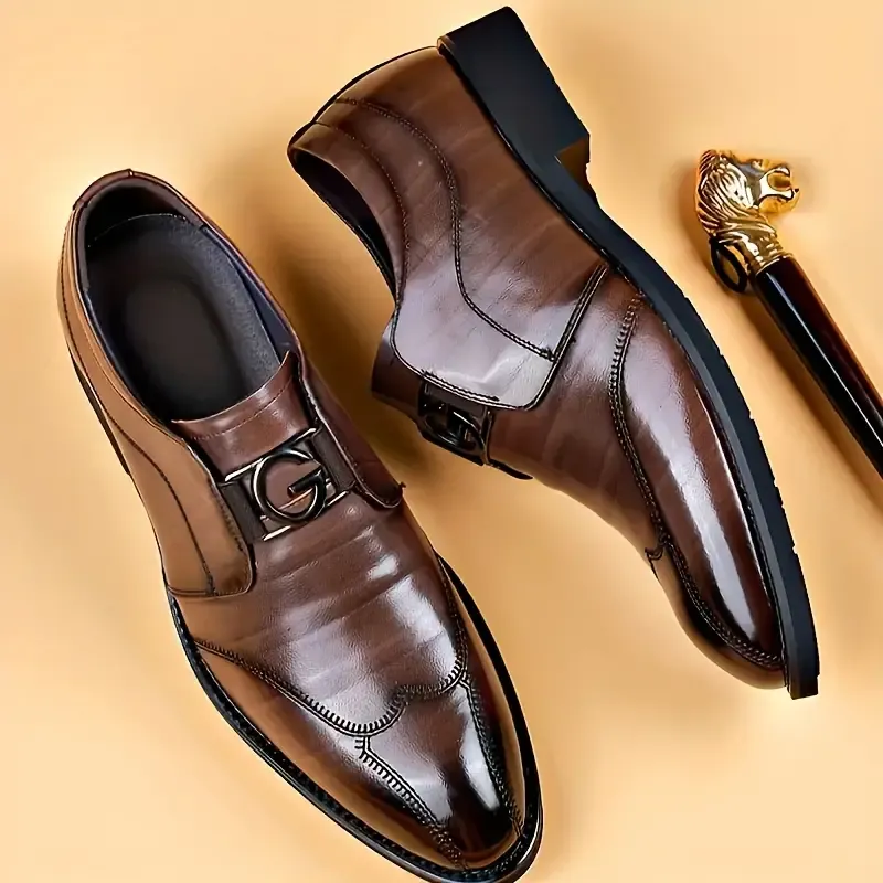 Men's Solid Bicycle Toe Dress Loafers With PU Leather Uppers, Wear-resistant Non Slip Slip On Shoes For Business Occasions, Men's Office Daily Footwear