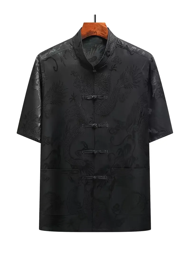 Chinese Style Dragon Print Stand Collar Short Sleeve Frog Button Up Tang Suit Shirt For Men, Lightweight And Breathable Top For Summer Daily Outerwear
