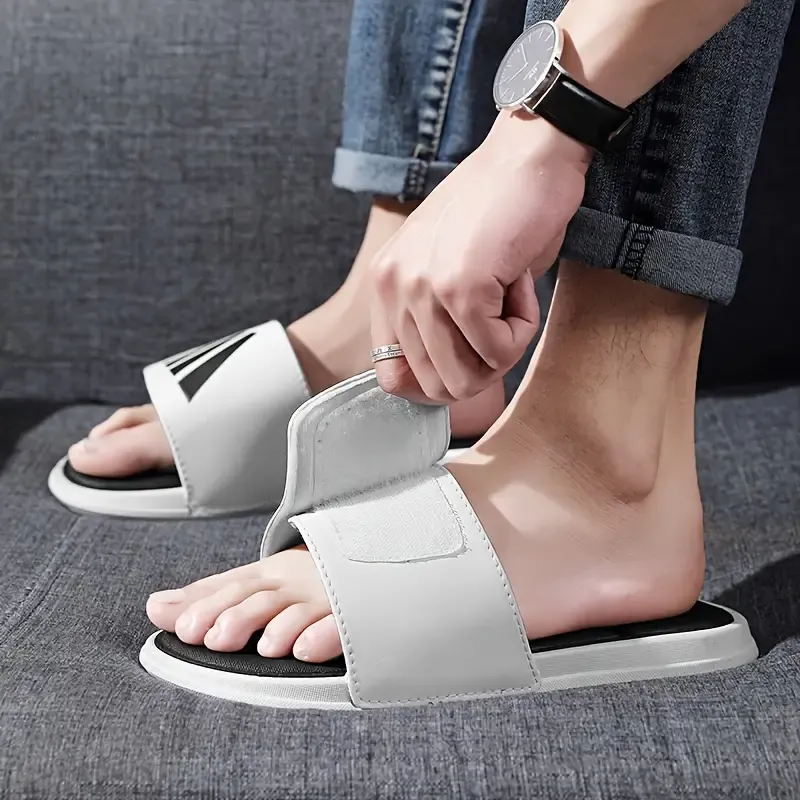 Men's Trendy Color Block Open Toe Breathable Slippers With Hook & Loop Fastener, Comfy Non Slip Durable Soft Sole Slides, Men's Footwear