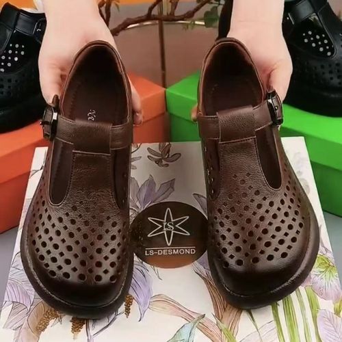 Casual, comfortable and breathable perforated single shoes, genuine leather round-toe soft-soled crocs