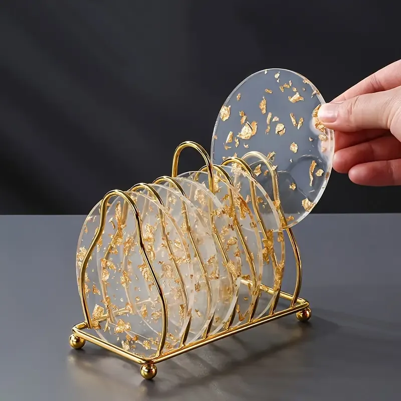 6pcs, Round Shaped Heat-Resistant Acrylic Coasters with Golden Foil Heat Insulation Tea Cup Mat for Tabletop Protection Home Decor