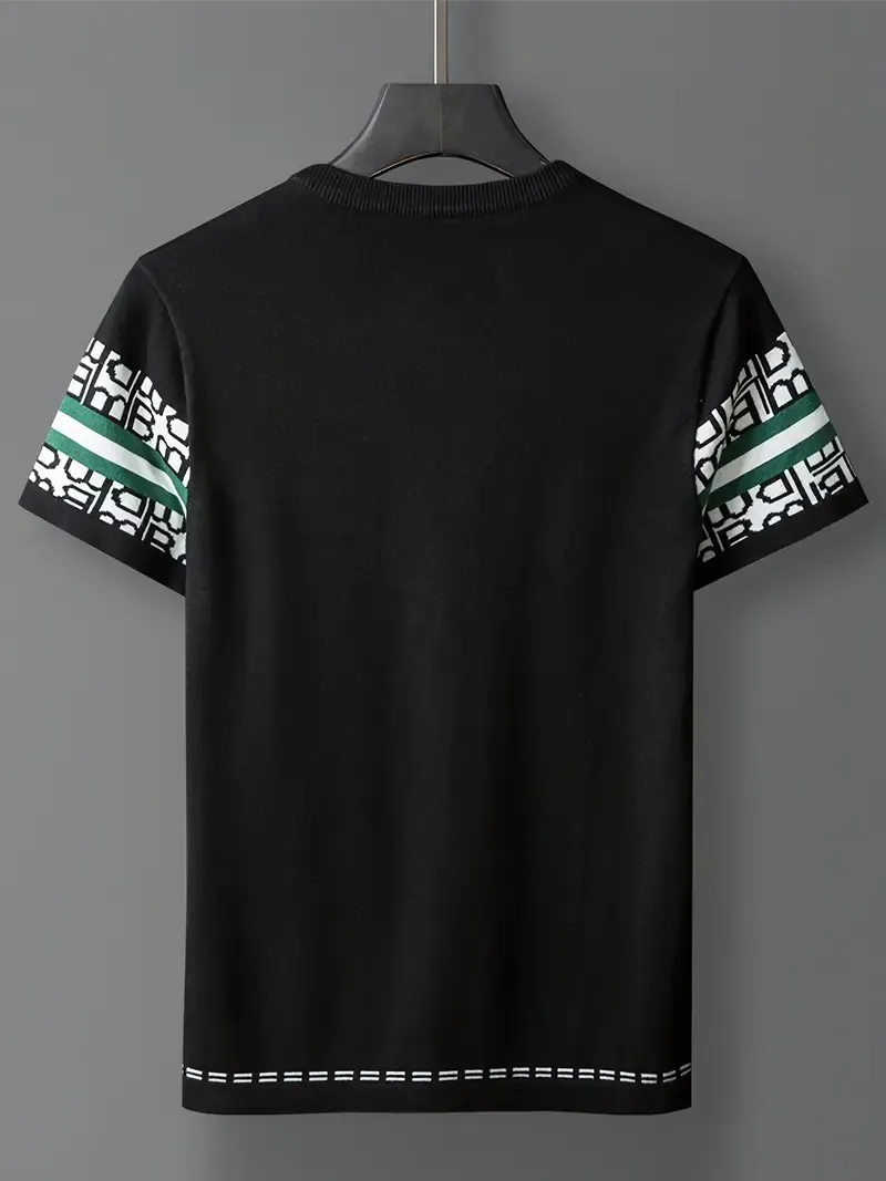 Men's Geometric Graphic Print Knitted Pullover, Casual Short Sleeve Crew Neck Sweater For All Seasons
