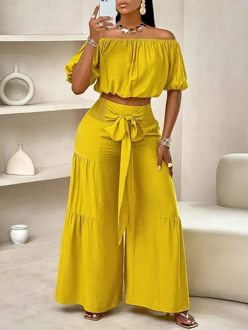 Two-piece Solid Vacation Style Outfits, Off Shoulder Puff Sleeve Top & Loose Tie Shirred Waist Wide Leg Pants Set for Summer, Women's Clothing