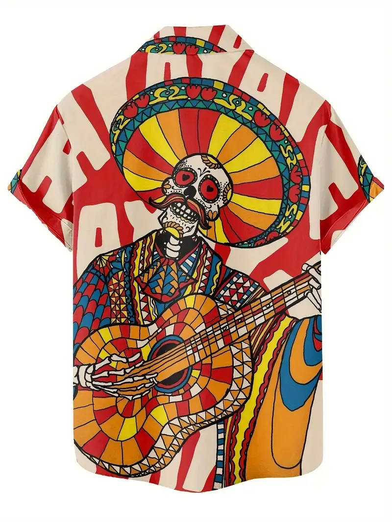 Skull Print Men's Summer Fashionable And Simple Short Sleeve Button Casual Lapel Shirt, Trendy And Versatile, Suitable For Dates, Beach Holiday, As Gifts