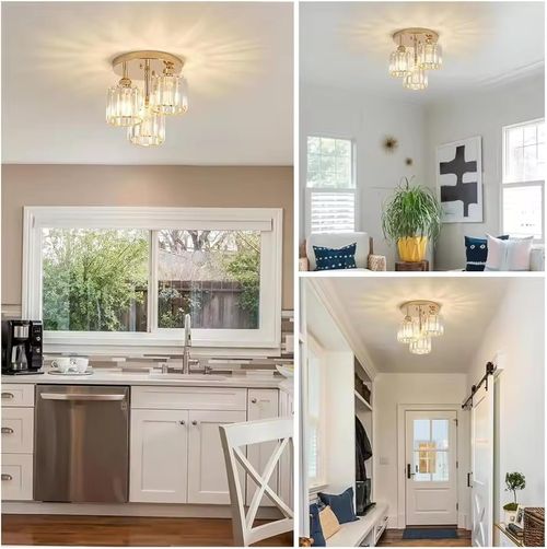 Modern Semi-Flush Mount Crystal Pendant Lights - Metal with Shade, Switch Control, Hard-Wired, E27 Base, Compatible with 110-240V for Kitchen, Bedroom, Hallway, Entryway, Dining Room