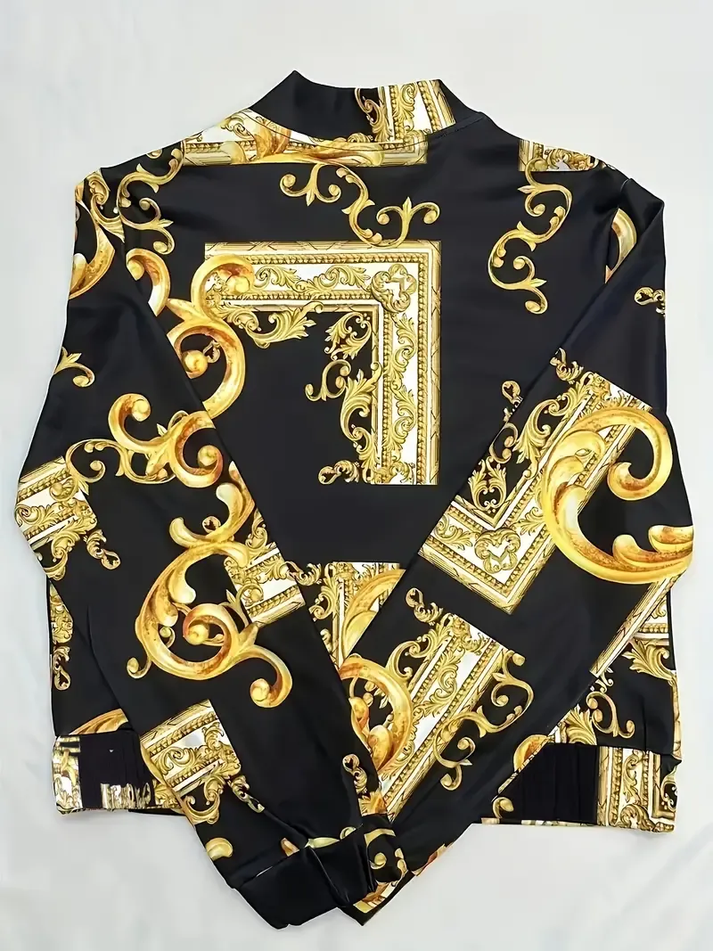 Plus Size Casual Jacket, Women's Plus Baroque Print Long Sleeve Zip Up Crop Bomber Coat