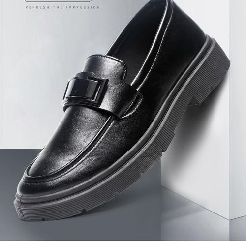 A pair of men's casual leather shoes with solid color, water-resistant, lightweight and durable.