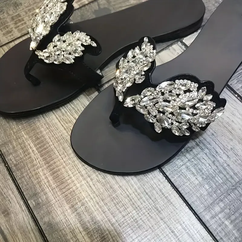 Women's Fashion Rhinestone Embellished Flat Sandals - Solid Color Slip-On Flip Flops with Superfine Fiber and Corduroy Upper, PVC Inner, Rubber Sole and Insole, Open Toe Casual Summer Shoes