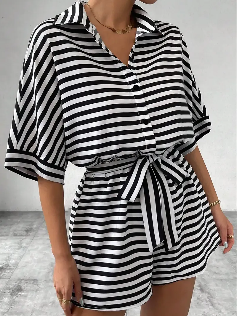 Striped Button Front Romper, Casual Short Sleeve Tie Waist Romper Jumpsuit For Spring & Summer, Women's Clothing