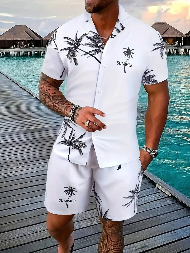 Men's 2-Piece Set, 3D Palm Tree Print, Summer Casual Short-Sleeve Collared Shirt & Drawstring Pocket Shorts