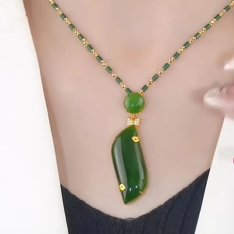 Chic Green Bamboo Pendant Necklace for Women - Faux Jade, Alloy with Resin Accents, Fashionable Clavicle Chain