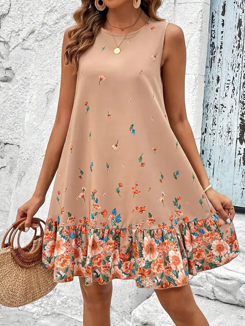 Vibrant Floral Print Crew Neck Tank Dress