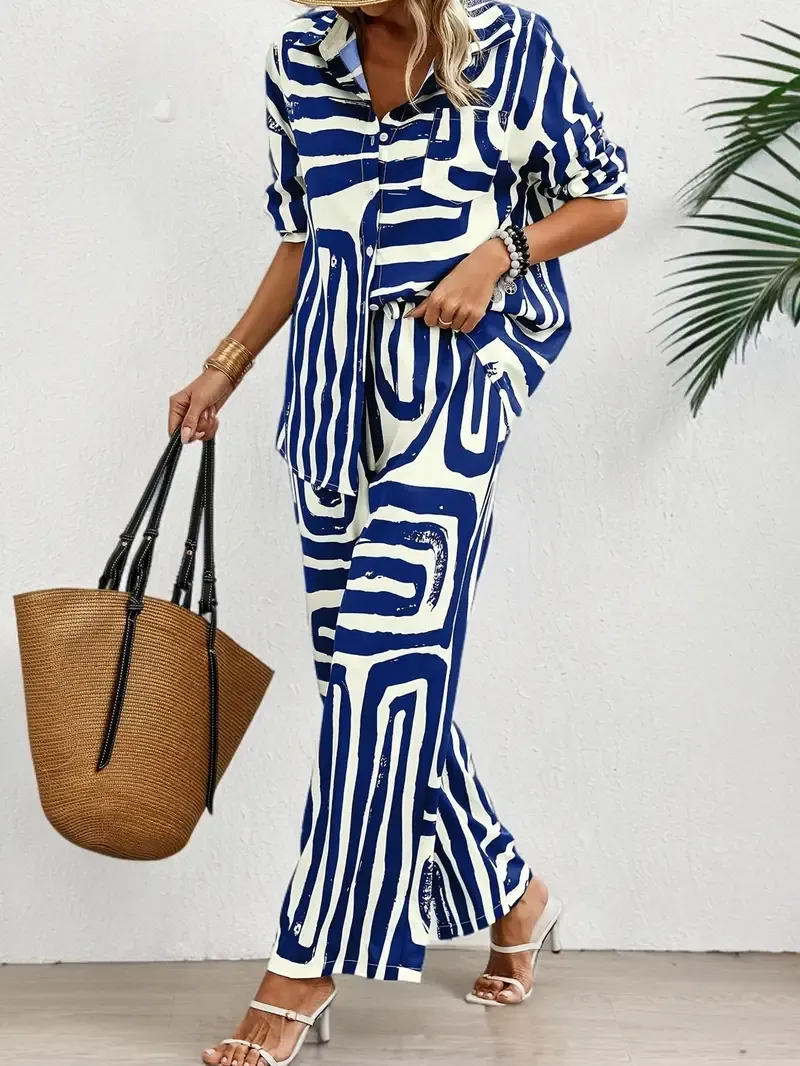 Women's Casual Striped Two-pcs Set: Drop Shoulder Long Sleeve Shirt & Tie-Waist Pants - Polyester, Machine Washable