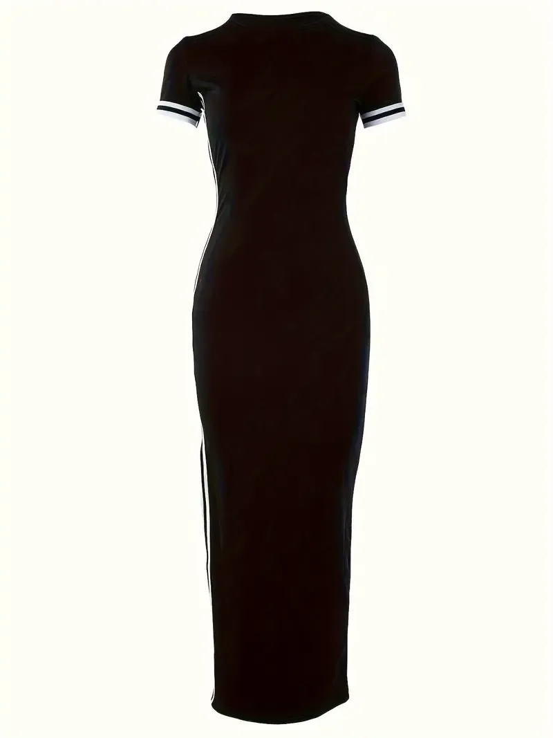 Contrast Trim Split Hem Dress, Casual Short Sleeve Dress For Spring & Summer, Women's Clothing