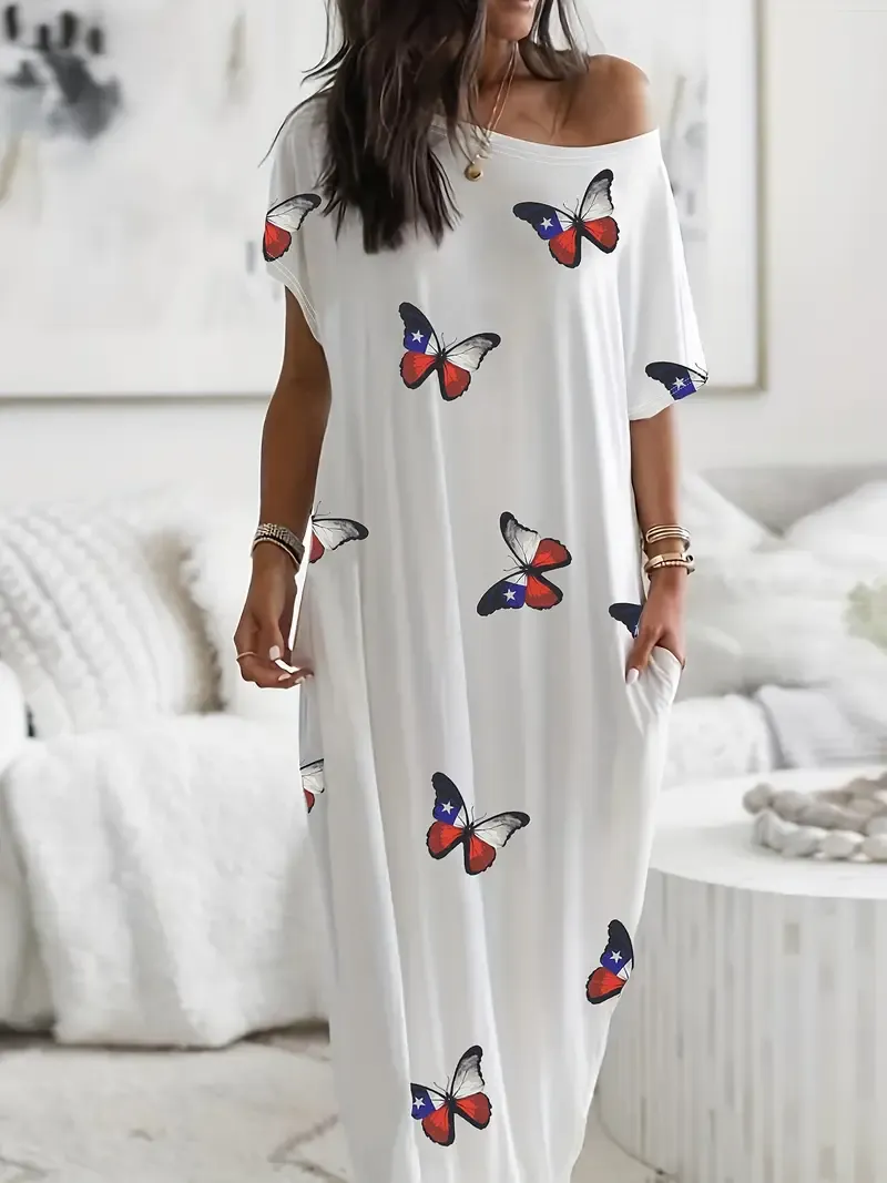 Casual Butterfly Print Lounge Dresses, Short Sleeve Round Neck Baggy Home Dress, Women's Loungewear & Dresses