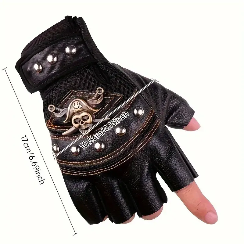 Half Finger Outdoor Sports Cycling Gloves, Pirate Leather Punk Style with Buckle Closure, Non-Woven Fabric, Hand Washable - Pair
