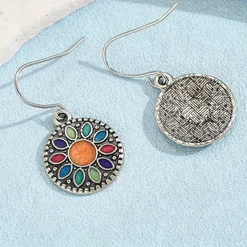 🔥🔥Hot Sale Promotion -Vintage Round Oil Drop Flower Dangle Earrings For Women, Alloy & Copper Earring Set, Retro Elegant Jewelry For Daily Wear