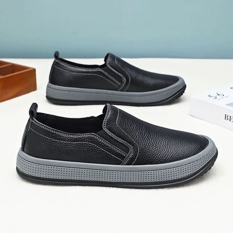 Spring casual leather slip-on shoes for men with soft sole and soft surface