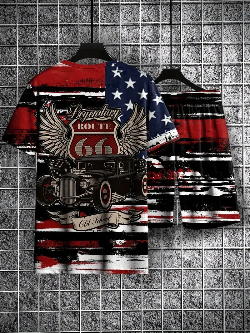 2-piece Men's Summer Leisure Outfit Set, Vintage Car 3D Print Men's Short Sleeve Crew Neck T-shirt & Shorts Set