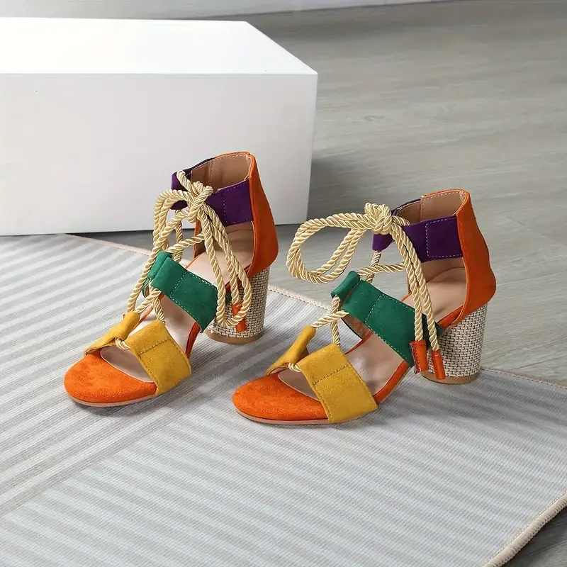 Women's Colorblock Stylish Sandals, Lace Up Cut Out Versatile Chunky Heels, Breathable Summer Shoes