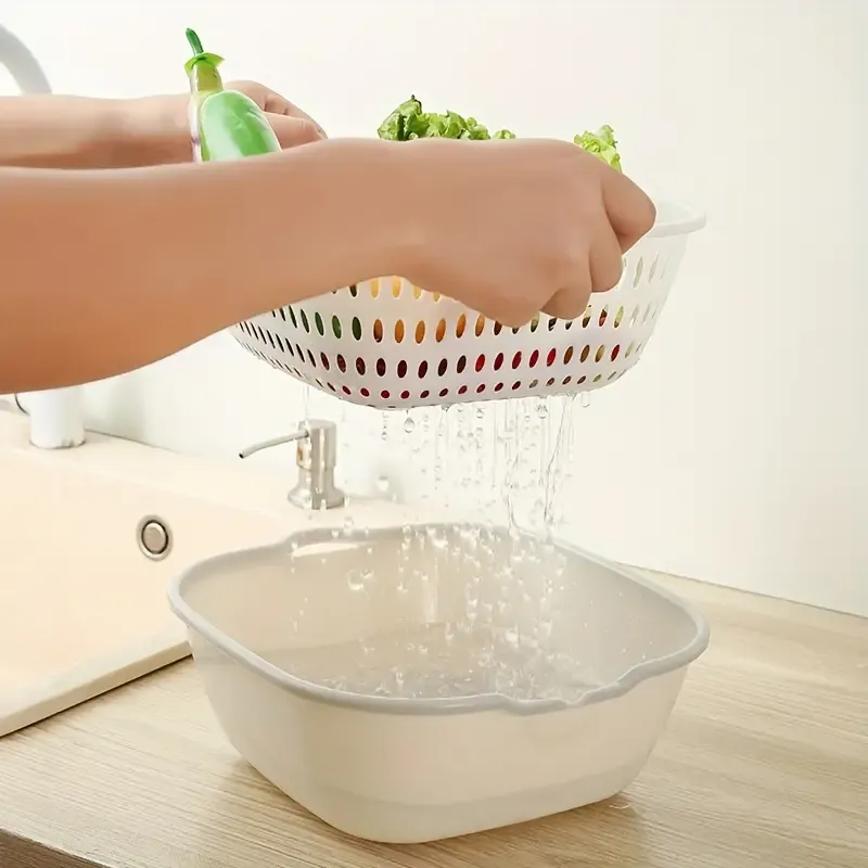6-Piece Double-Layer Plastic Draining Basket Set - Multifunctional Kitchen Strainers for Vegetables, Fruits, Snacks | Nestable Colanders with Drip Basin | Stackable Food Prep & Storage Containers