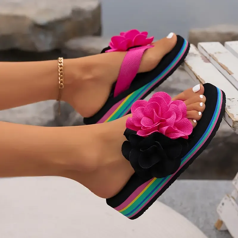 Women's Flower Decor Flip Flops, Casual Clip Toe Summer Shoes, Comfortable Slip On Beach Shoes