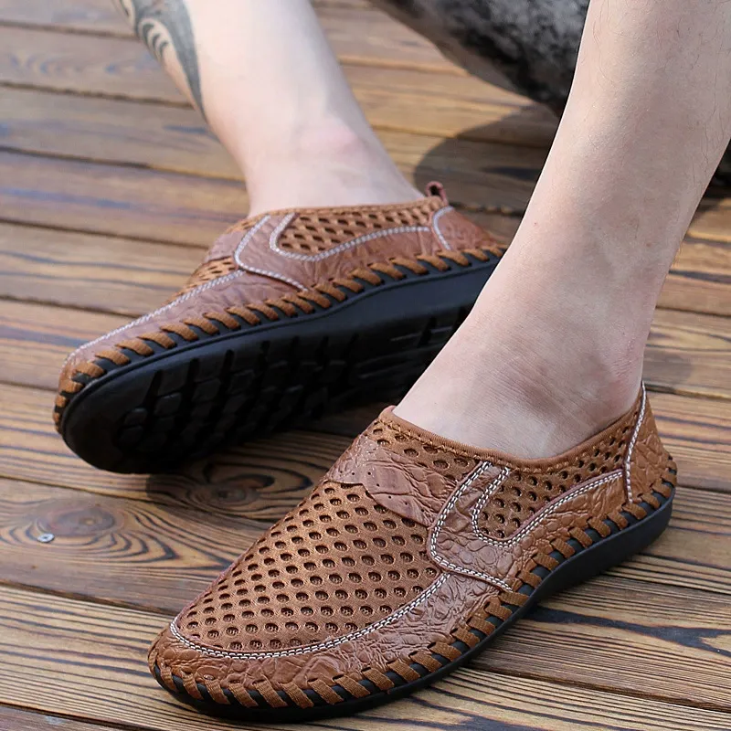 Cowhide crocodile pattern breathable mesh shoes