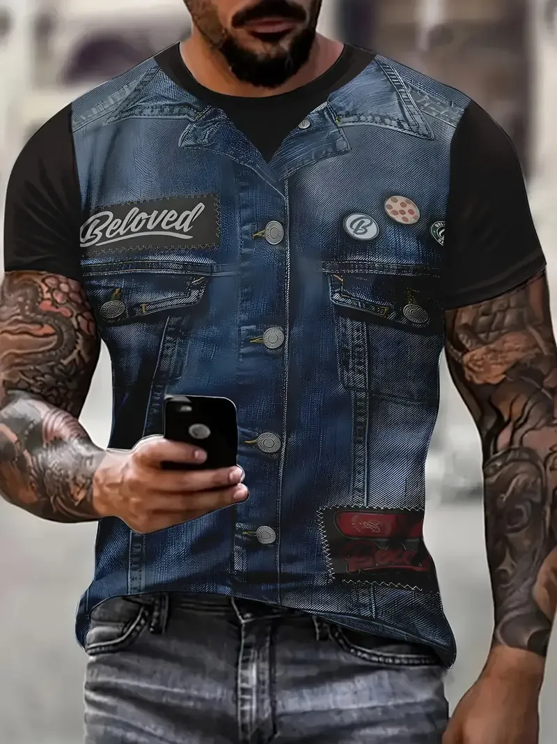 Denim Creative 3D Print Men's Short Sleeve T-Shirt, Casual Round Neck Top, Versatile And Comfortable Tee, Spring& Summer Collection