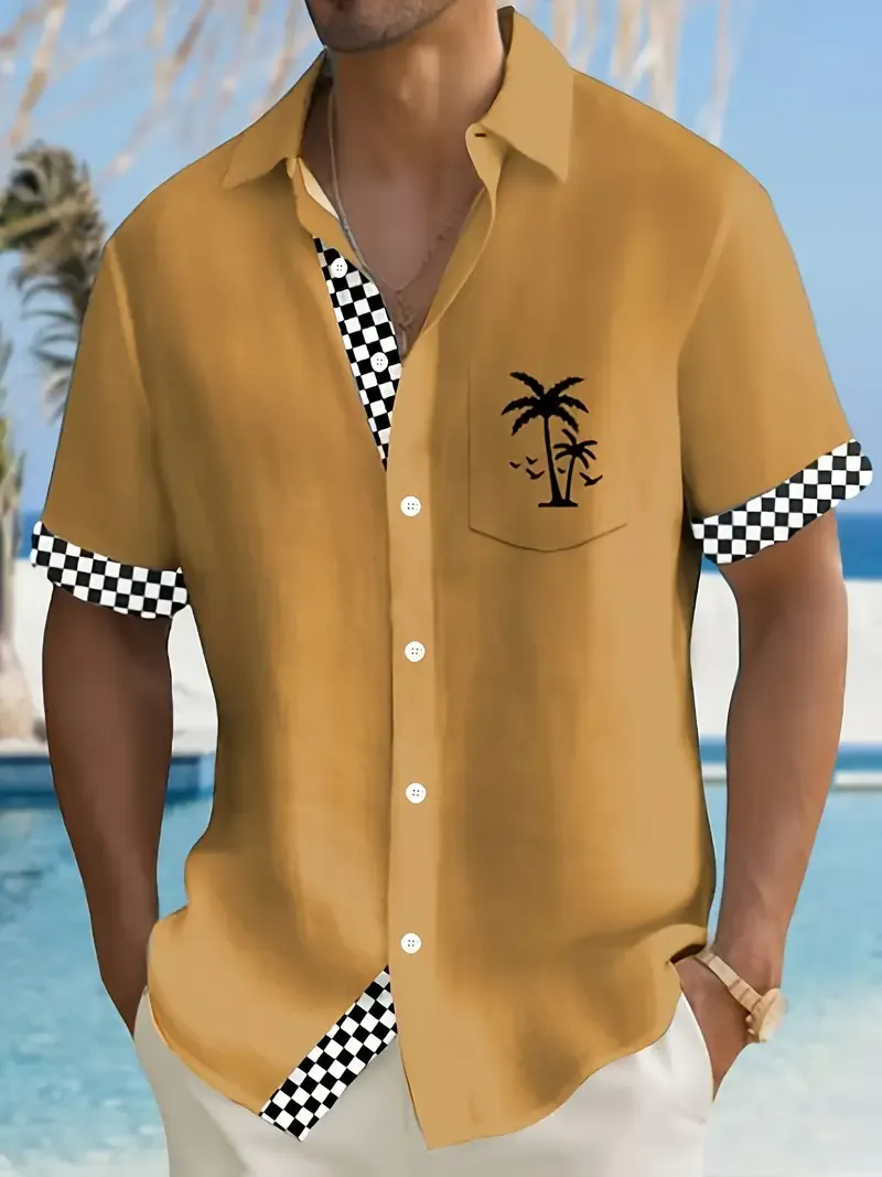 Hawaii Style Men's Coconut Trees Graphic Print Short Sleeve Lapel Shirt Top, Male Casual Button Up Shirt For Daily And Vacation Resorts