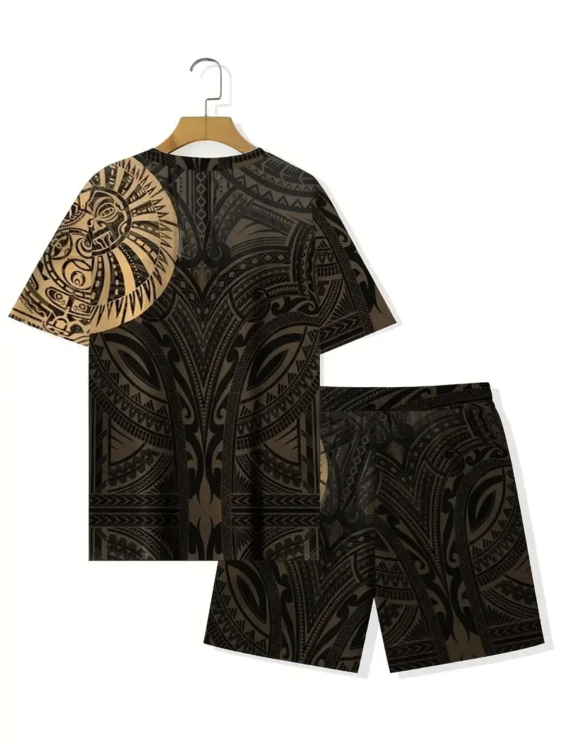 2-piece Men's Ethnic Pattern Allover Print Summer Outfit Set, Men's Short Sleeve Crew Neck T-shirt & Drawstring Shorts With Pockets