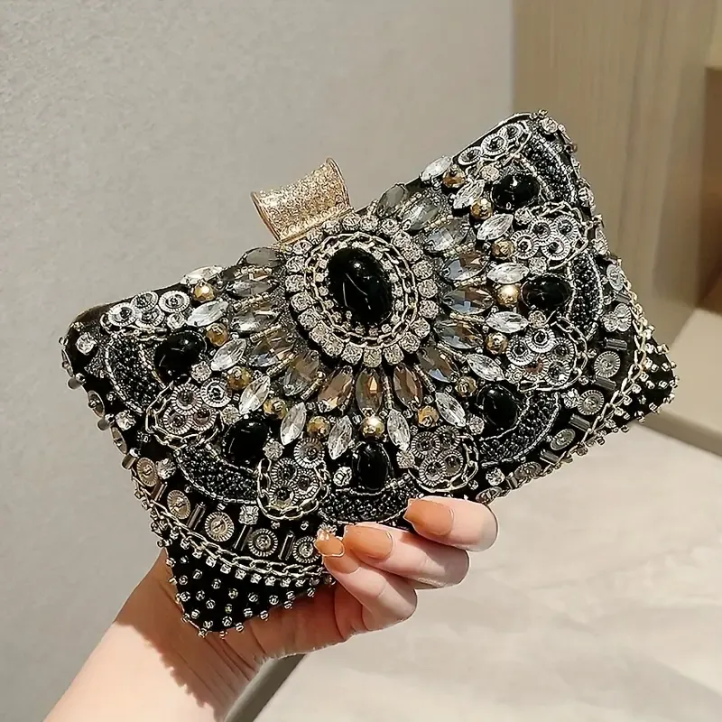 Beaded Rhinestone Evening Bag, Elegant Box Clutch Purse, Women's Wedding Handbags For Party Prom