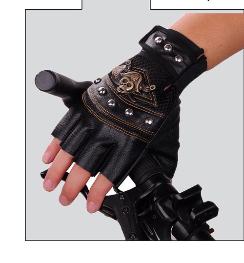 Half Finger Outdoor Sports Cycling Gloves, Pirate Leather Punk Style with Buckle Closure, Non-Woven Fabric, Hand Washable - Pair