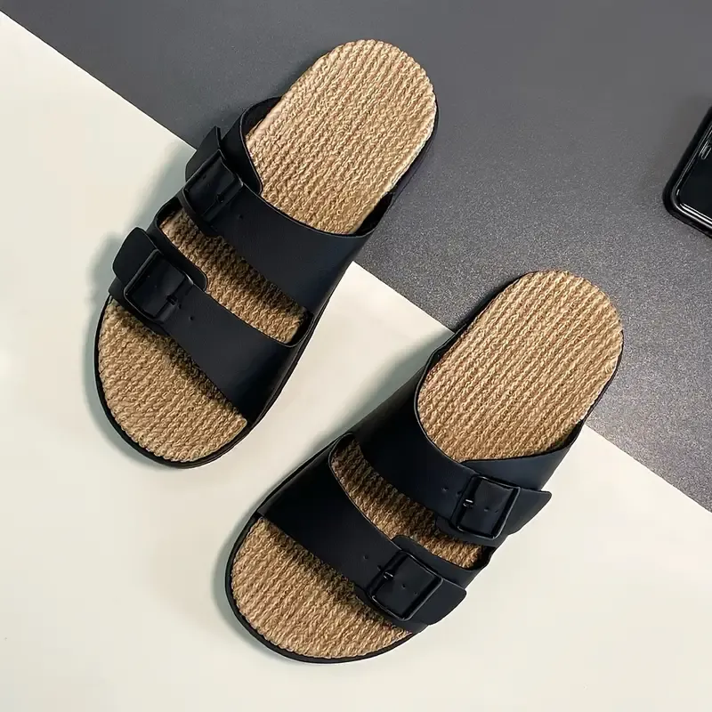 Men's Vintage Solid Color Open Toe Breathable Slippers, Comfy Non Slip Casual Durable Double Buckle Straps Slides, Men's Footwear