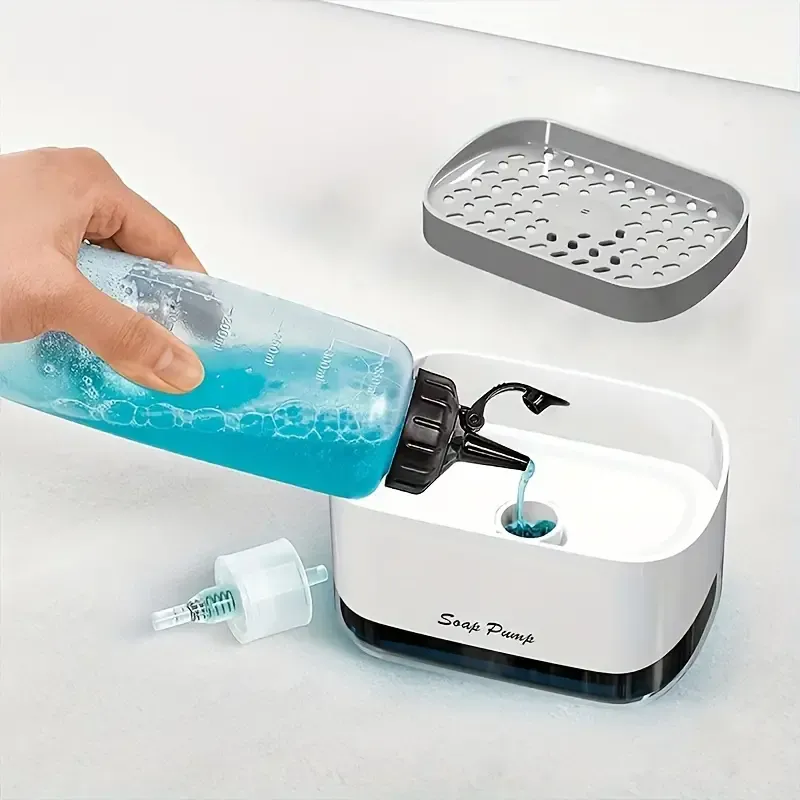 1pc, Press Type Soap Dispenser Box, Multi-functional Sponge Draining Box For Kitchen Cleaning Sponge Scrubbing Detergent Dispenser, Dish Soap Dispenser, Countertop Soap Pump Dispenser, Easy Refill Non-Slip Base, Cleaning Supplies, Kitchen Supplies
