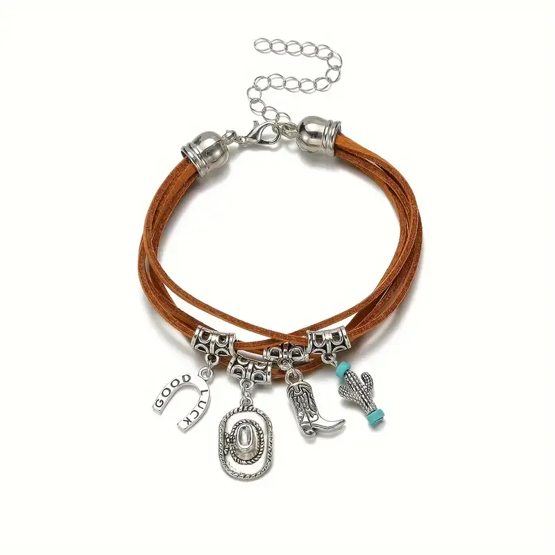Western Charm Bracelet for Women - Cowboy Hat & Boot Tassel Pendants, Brown Velvet Rope Braided, Multi-Layer Design, Perfect for Casual Attire or Gifting