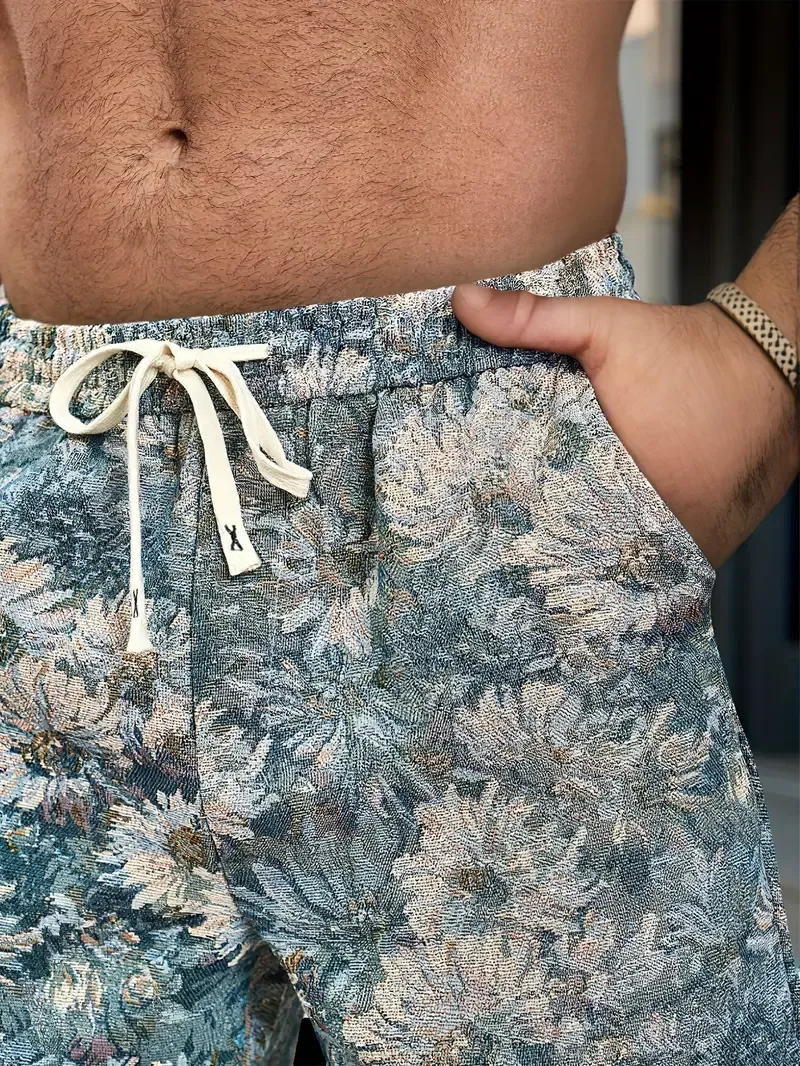 Men's Casual Loose Fit Denim Shorts, Floral Print Knee-Length With Drawstring