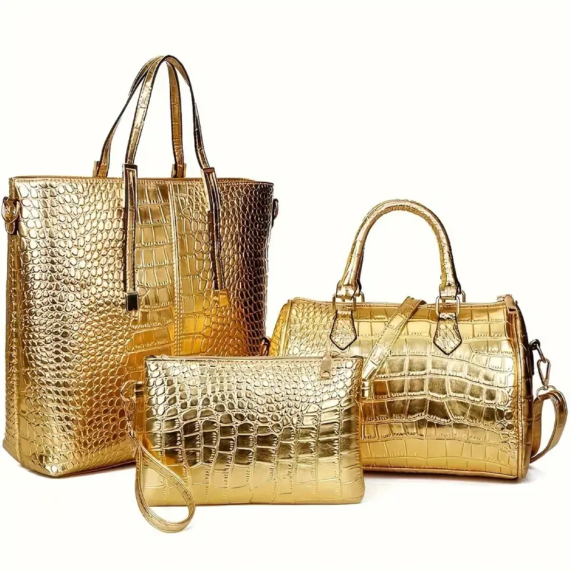 Golden Crocodile Print Tote Bag, Luxury Top Handle Satchel, Women's Fashion Handbag, Shoulder Bag, Crossbody Bag & Purse