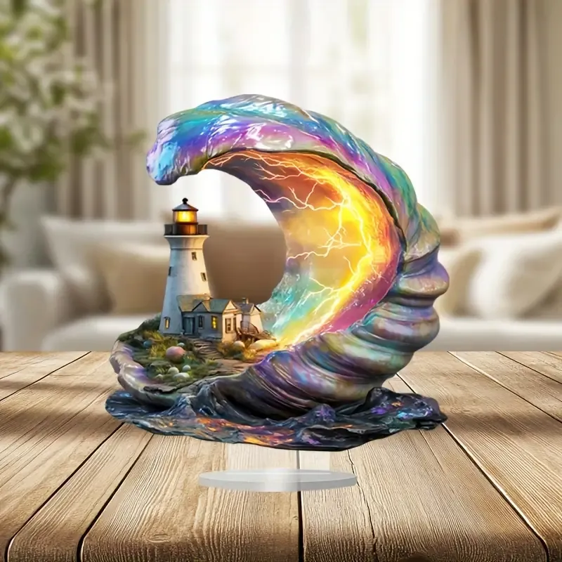 Acrylic Boho Lighthouse in Shell Tabletop Decor, Multipurpose Bohemian Style Sign & Plaque for Home, Office, Cafe, Porch, Room Decor, Unique  Gift