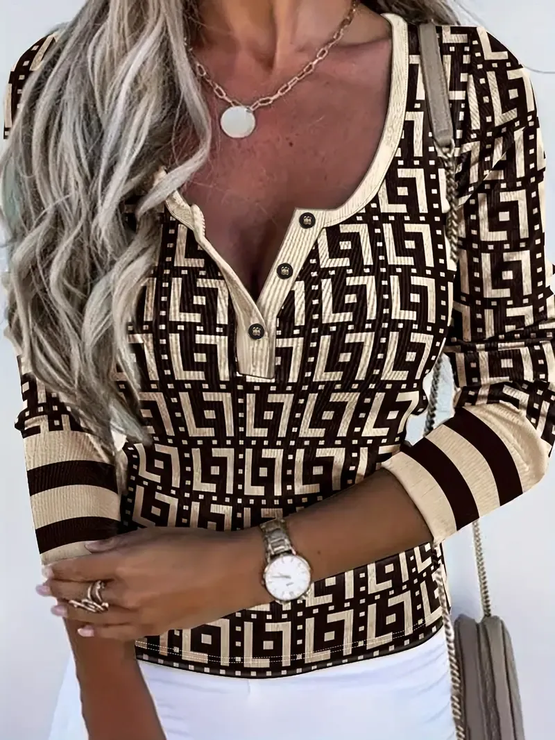 Geo Print Button Front T-Shirt, Casual Contrast Trim Long Sleeve T-Shirt For Spring & Fall, Women's Clothing