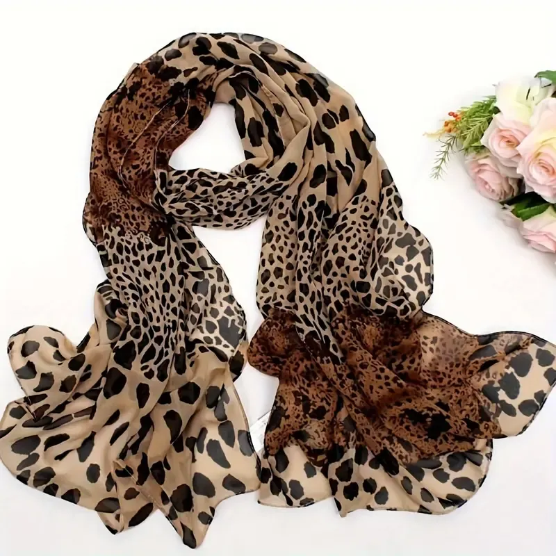 Boho Style Leopard Print Scarf for Women - 100% Polyester, Inelastic, Non-Feathered, Printed Chiffon Shawl - Windproof, Warm, Breathable Head Wrap for Going Out, Travel, Beach - 1PCS