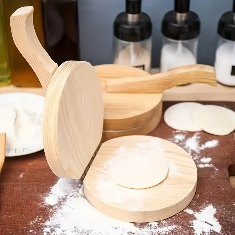 Versatile Wooden Dough Press: Manual Tortilla, Dumpling & Burger Maker with Handle - Non-Stick Pie & Meatloaf Mold - Rust-Proof Kitchen Gadget