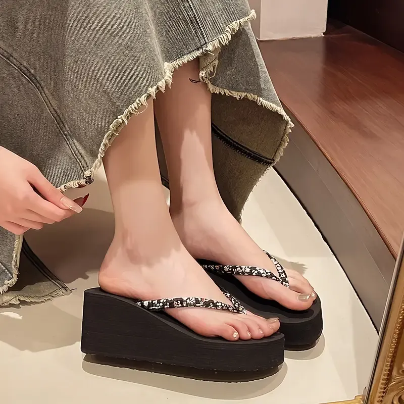 Women's Floral Pattern Flip Flops, Platform Slip On Wedge Vacation Slides, Casual Beach Sandals