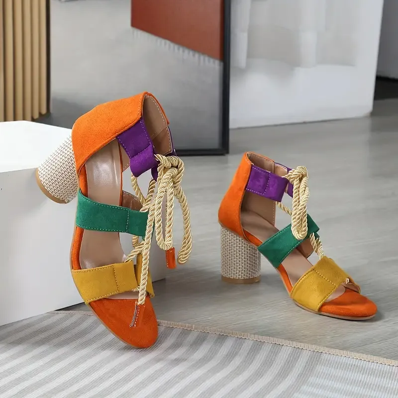 Women's Colorblock Stylish Sandals, Lace Up Cut Out Versatile Chunky Heels, Breathable Summer Shoes