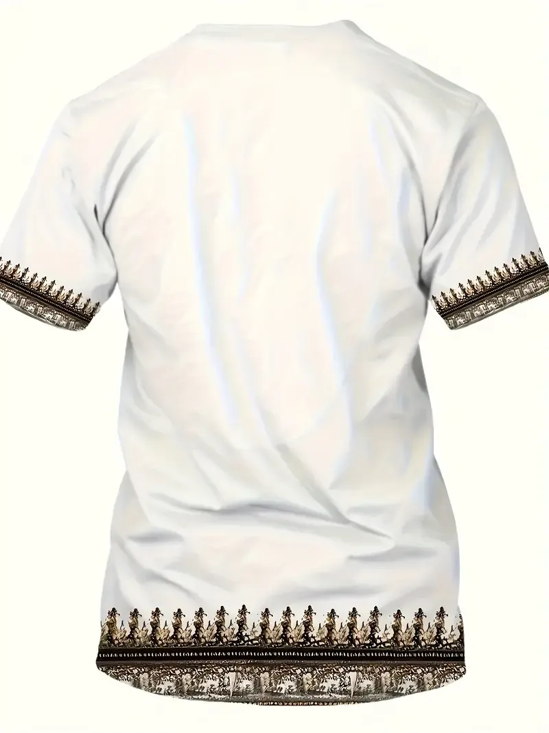 Men's Ethnic Style Graphic Pattern Print Crew Neck And Short Sleeve T-shirt For Summer Leisurewear, Casual And Comfy Tops For Men
