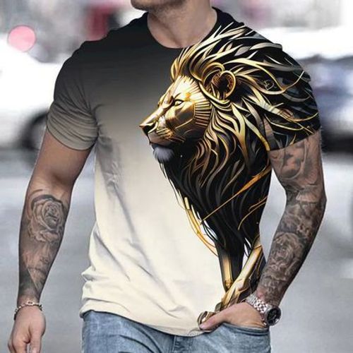 Men's Lion Graphic Print T-shirt, Casual Short Sleeve Crew Neck Tee, Men's Clothing For Summer Outdoor