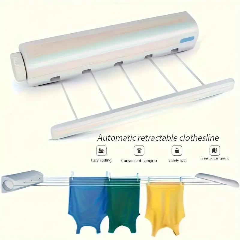 Space-Saving Retractable Clothesline with 5 Adjustable Lines - Wall Mounted, Durable Plastic, Includes Hooks for Hanging, Portable Laundry Rack for Indoor Outdoor Use, Drying Racks