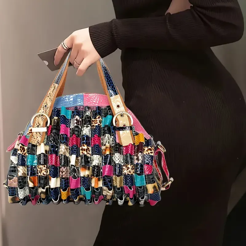 Retro Western Style Satchel Bag, Colorful Braided Design Handbag For Women, Ethnic Niche Bag