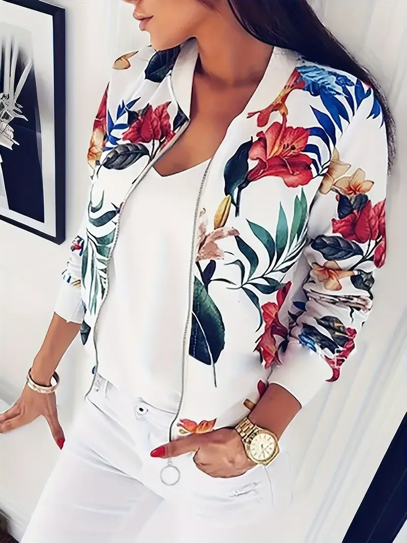 Floral Print Zip Up Jacket, Casual Long Sleeve Jacket For Fall & Winter, Women's Clothing